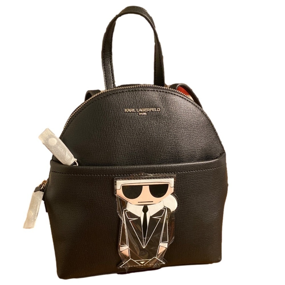 Karl Lagerfeld Paris Maybelle Black Domed Medium Backpack Character Patch NWT